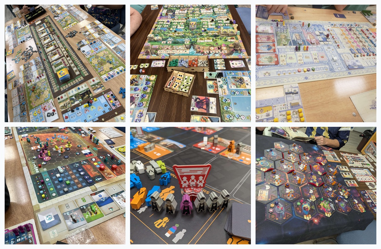 Collage of board games at Tampa Gaming Guild